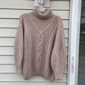 Cozy Cable Knit Turtleneck Sweater - tan